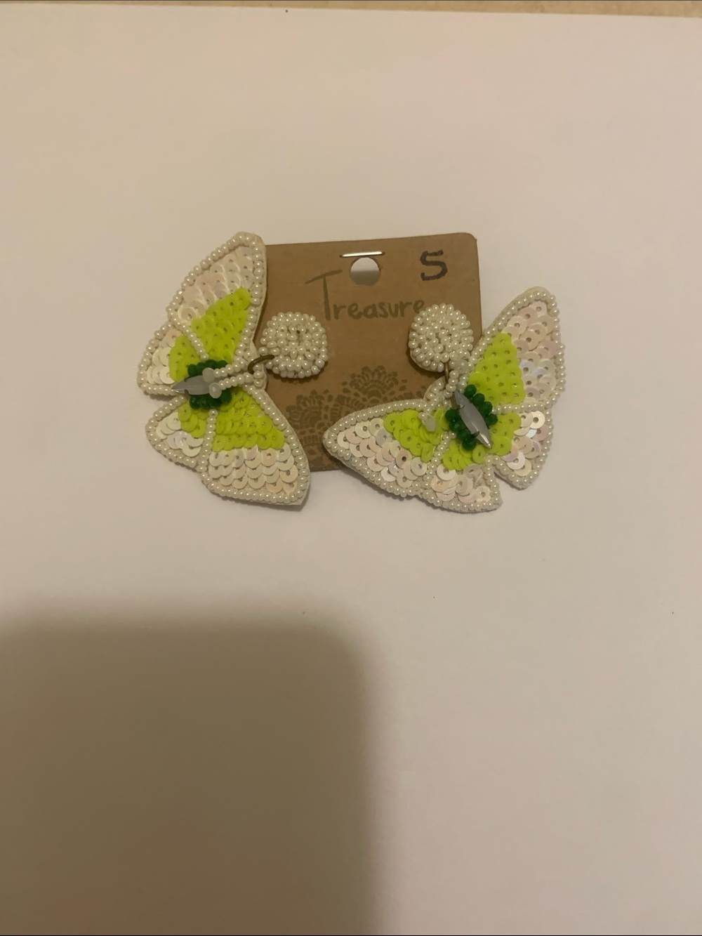Neon Lime & White Butterfly Sequin Earrings